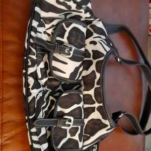 Beige and Brown Canvas Spotted Purse